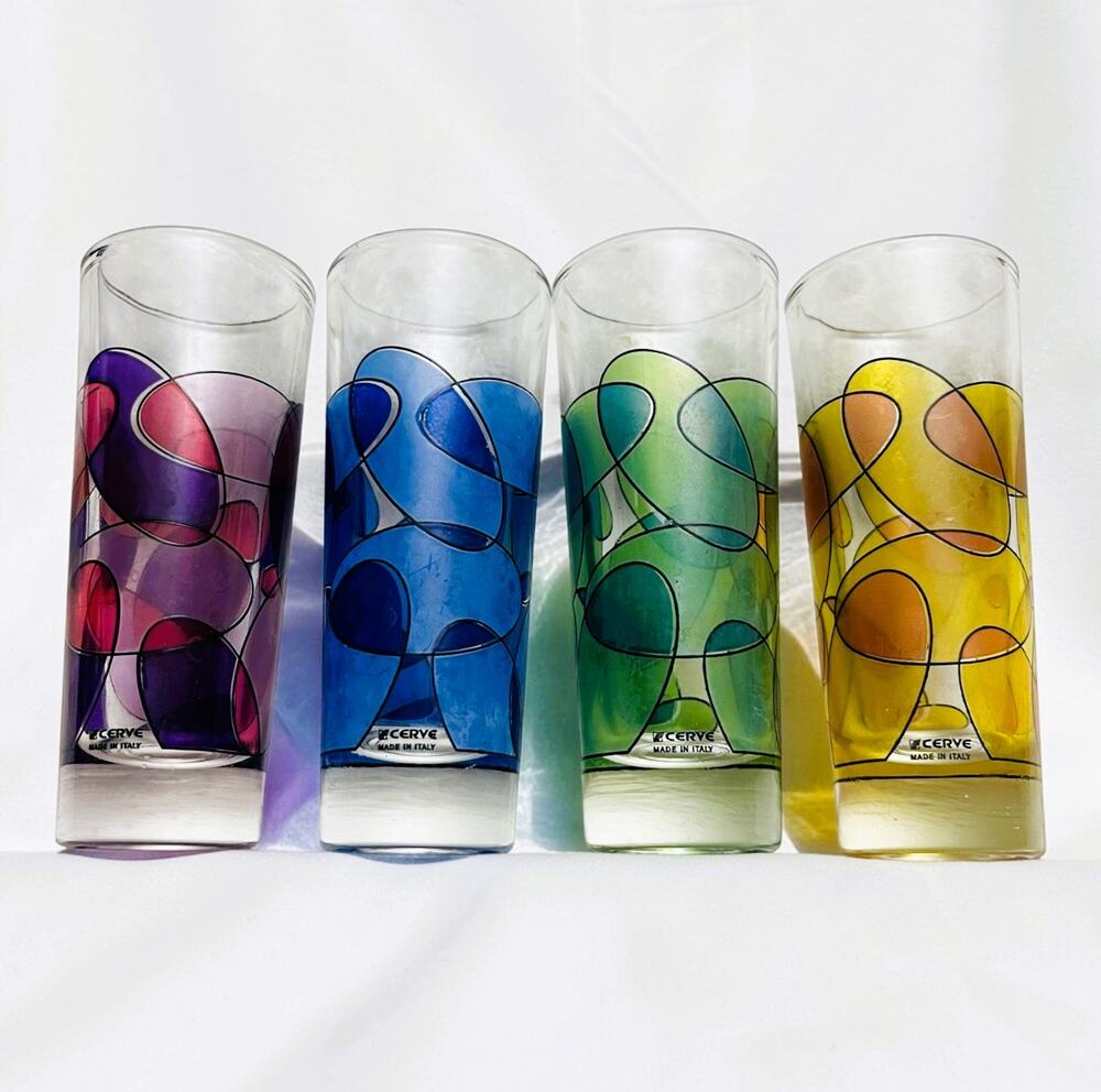 Vintage Cerve Italian Set of (4) Geometric Swirl Design Tall Shot Glasses